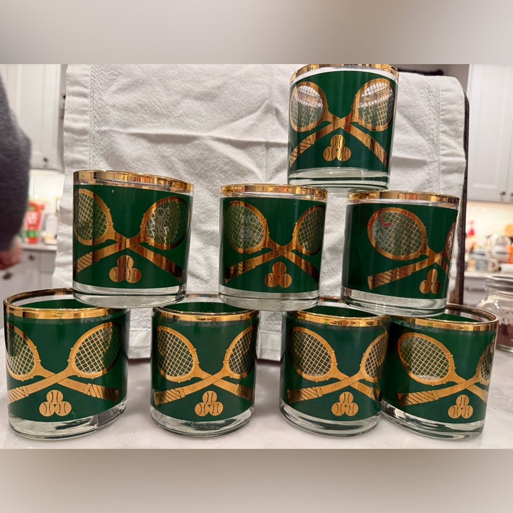 Vintage Green & Gold Tennis Motif Whisky Glasses - Set of 8